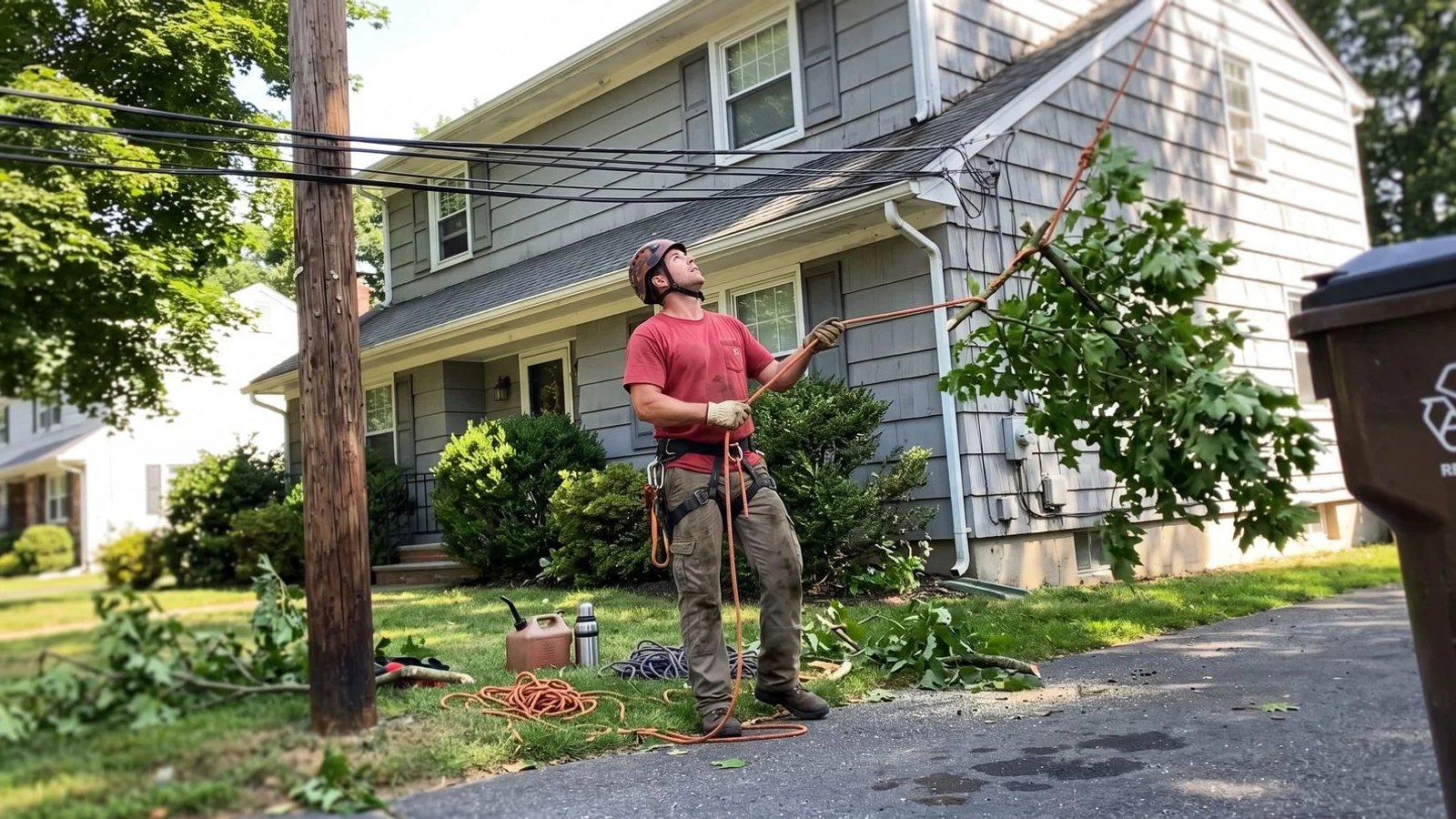 Arborist lowering rigged limb away from power lines
