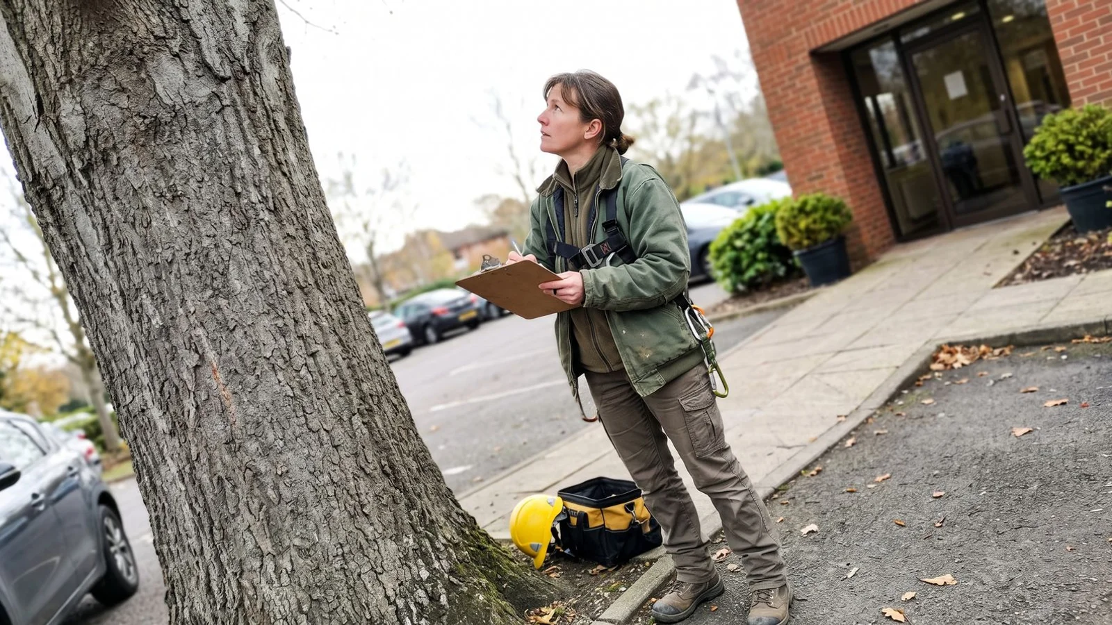Arborist conducting scheduled inspection at commercial property