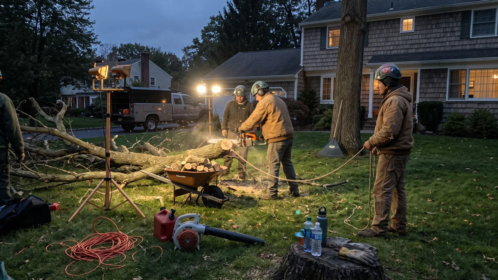 Crew clearing fallen storm tree at dusk