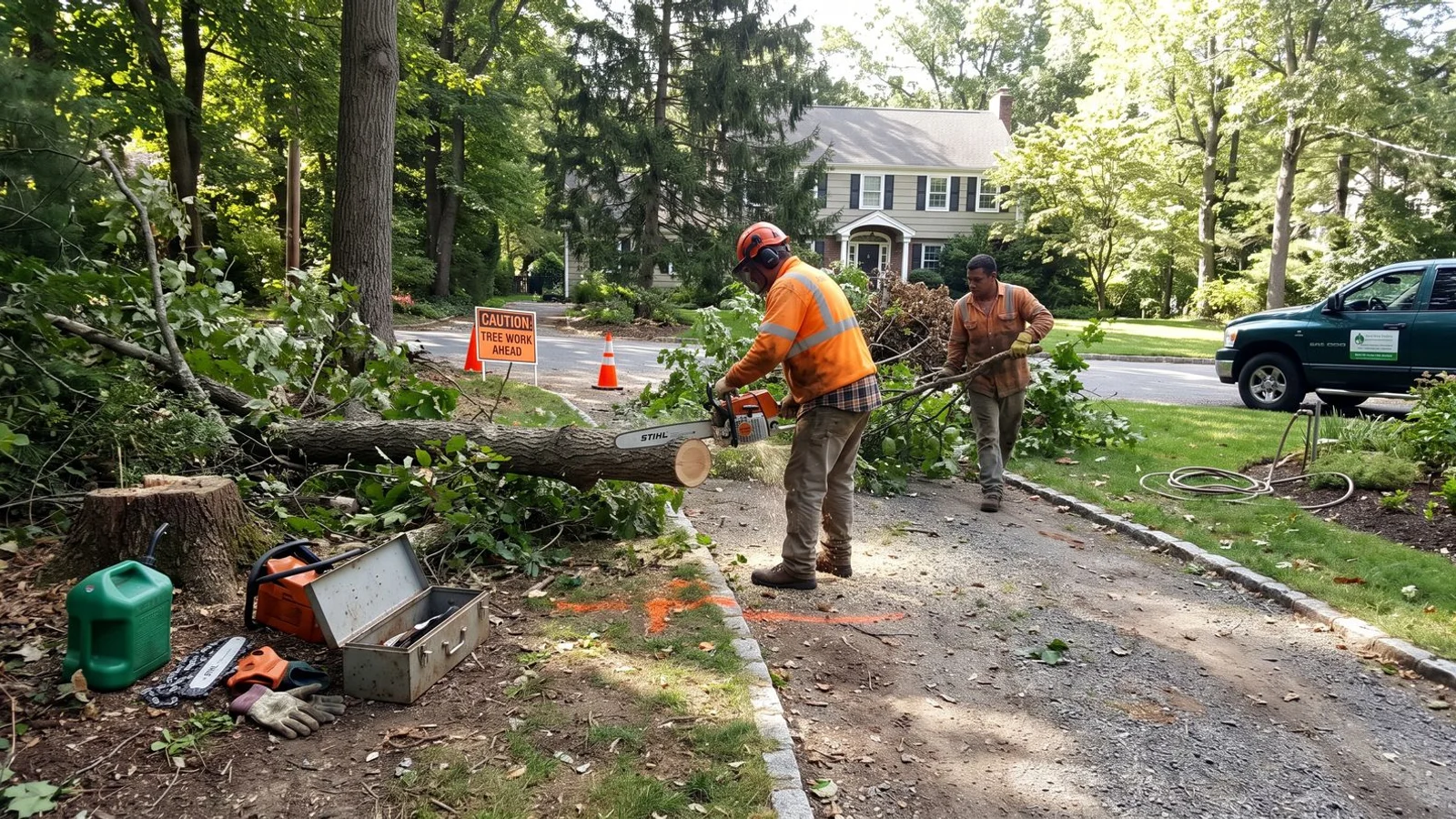 Crew clearing trees along marked driveway path