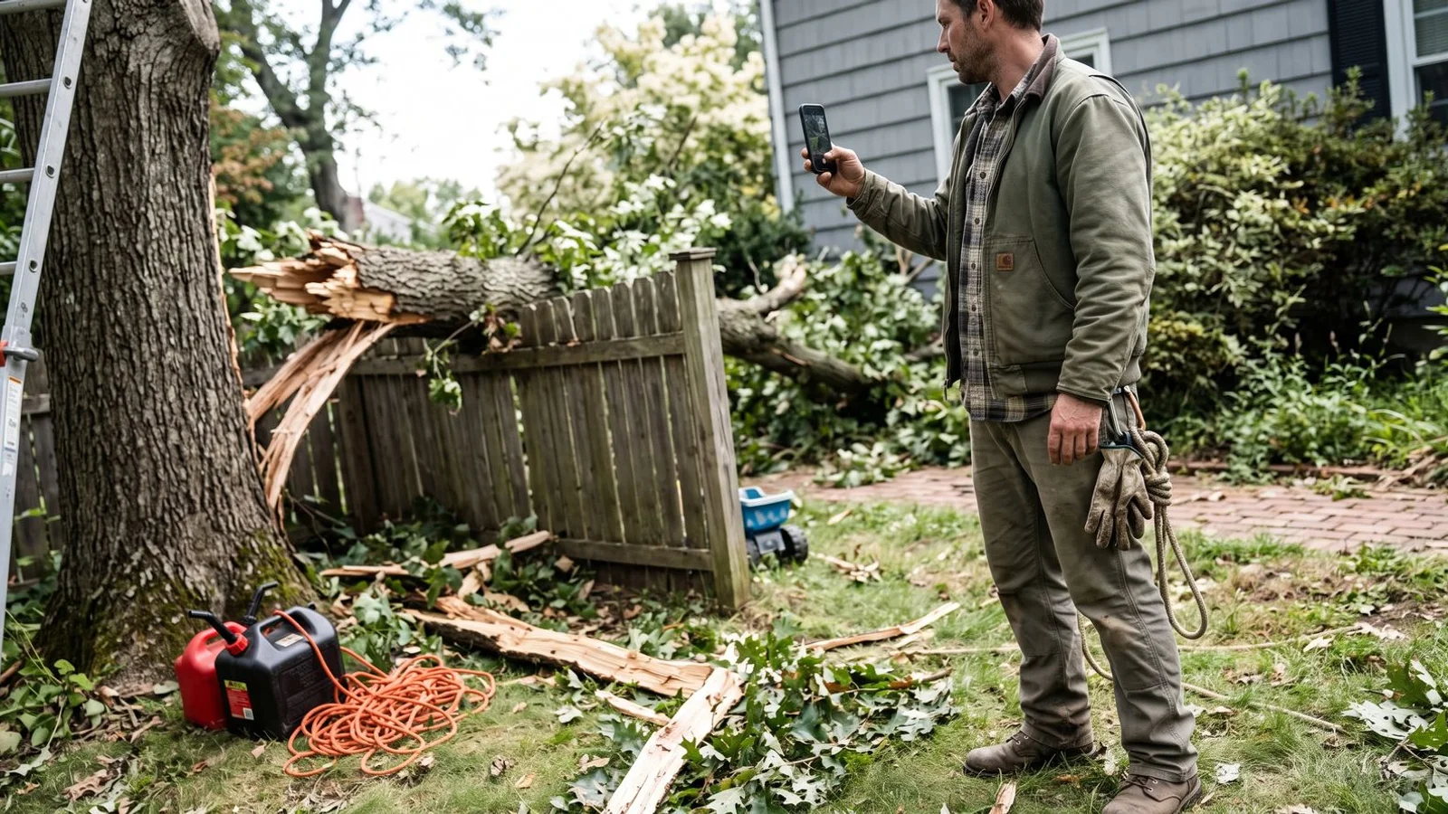 Arborist documenting storm damage for insurance file