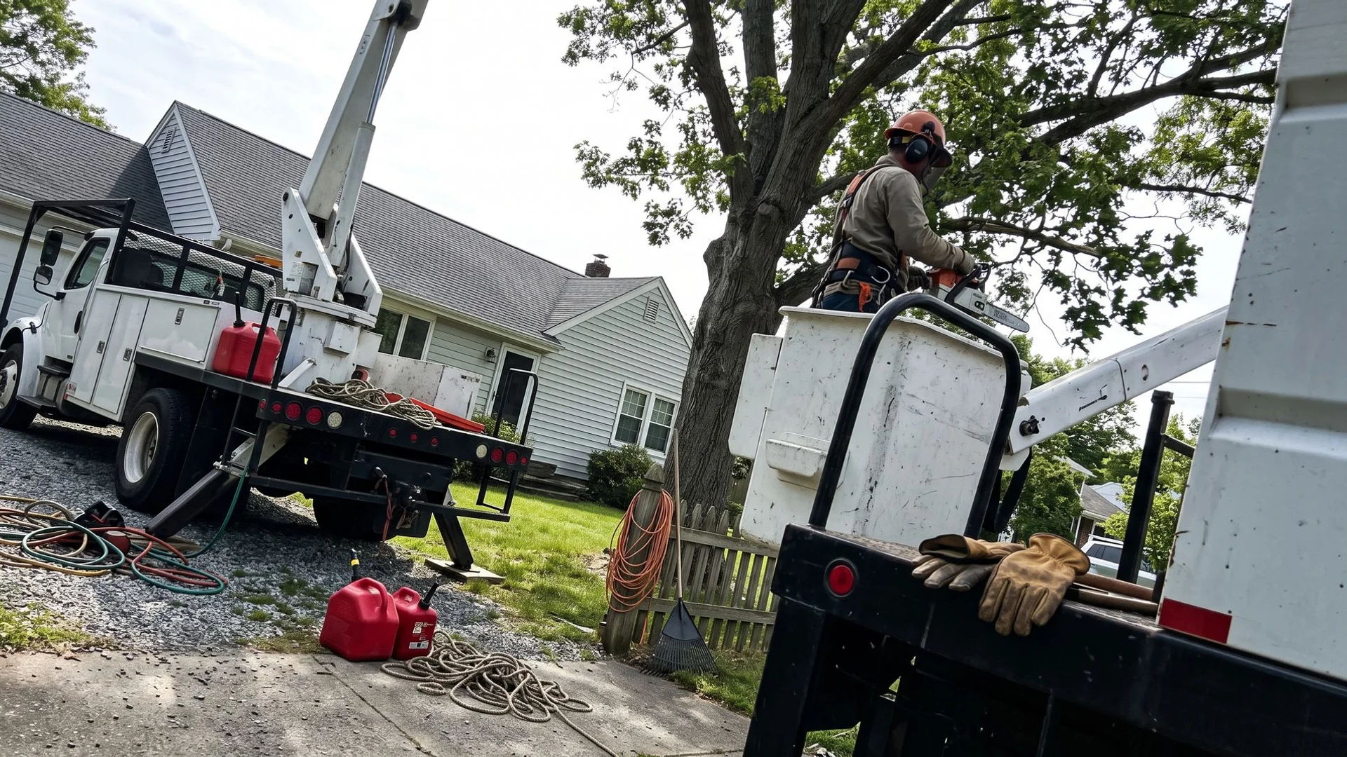 Arborist thinning canopy on coastal Larchmont tree before storm season