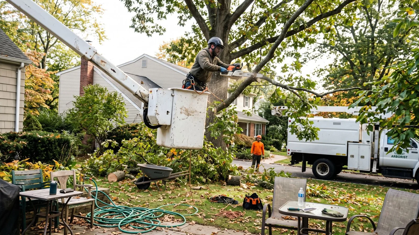 Arborist in bucket truck sectioning large tree in Westchester