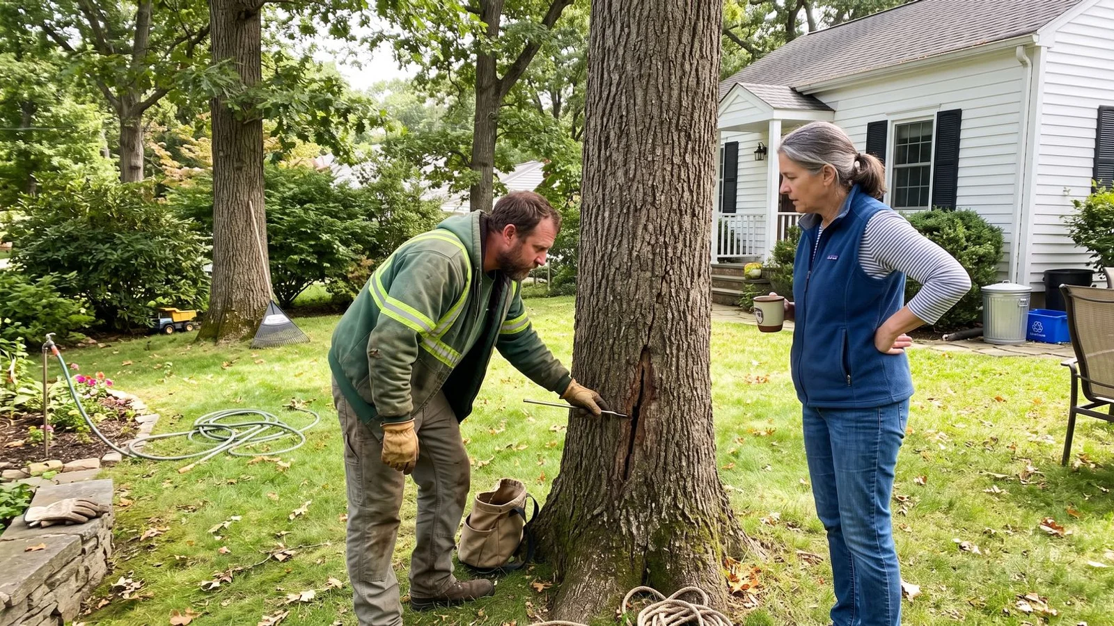 Arborist inspecting mature tree union with homeowner