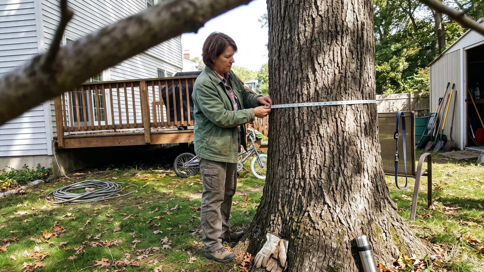 Arborist measuring DBH on a mature Westchester tree
