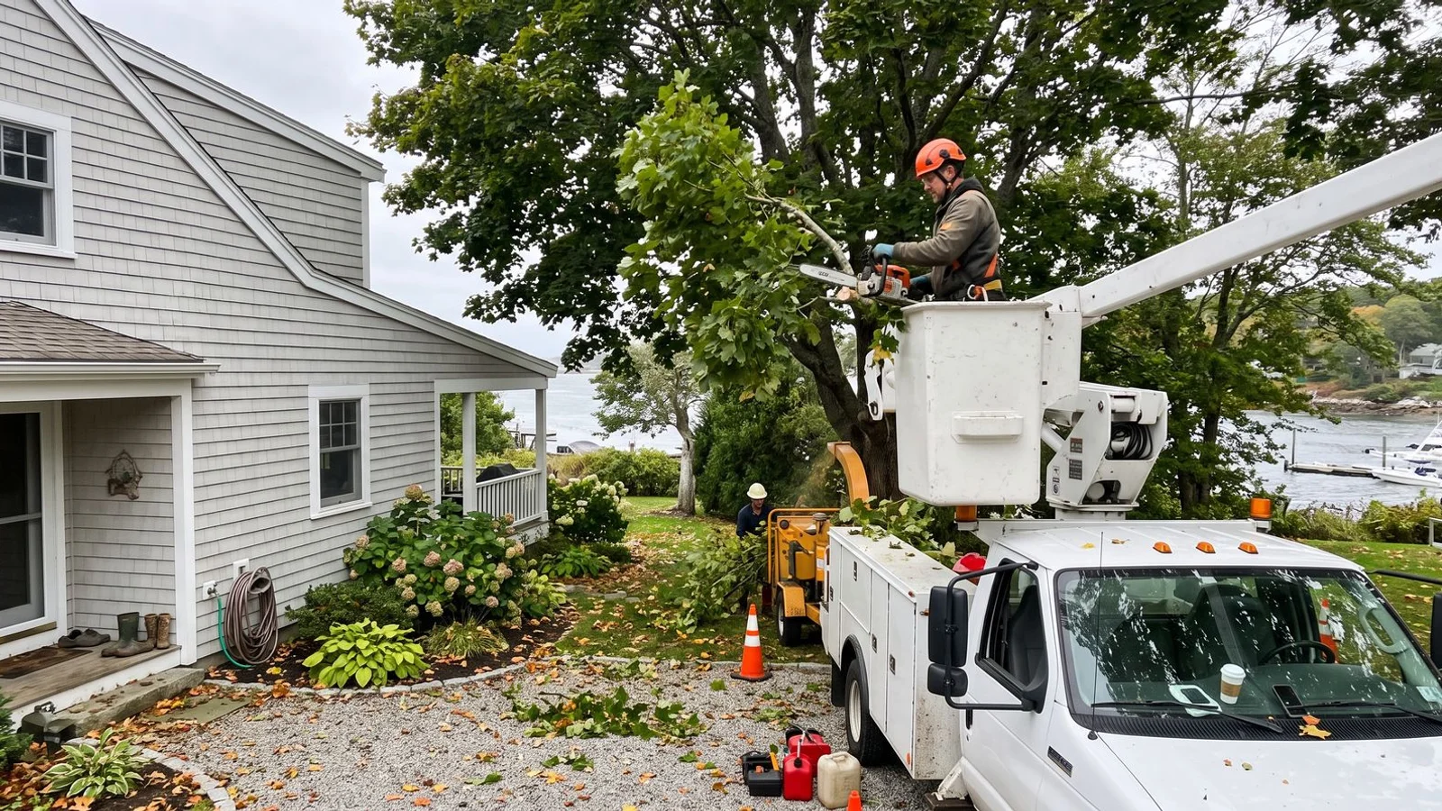 Arborist thinning coastal Westchester canopy before storm season