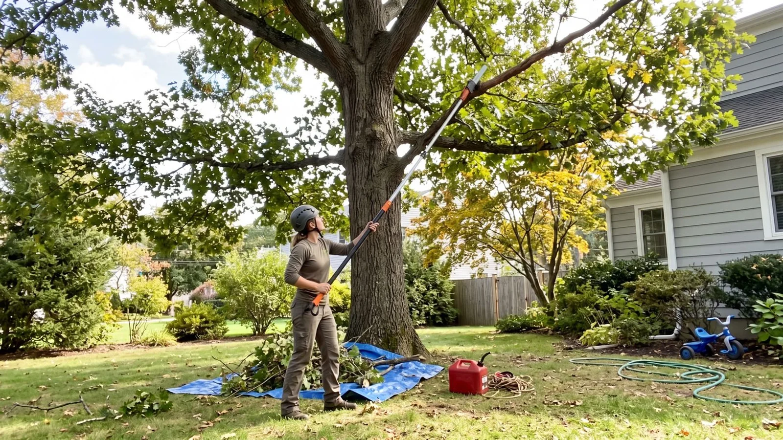 Arborist selectively pruning deadwood with pole saw