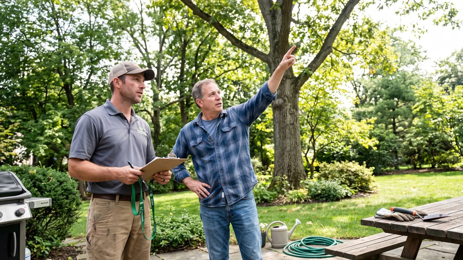 Arborist walking property with homeowner during free estimate