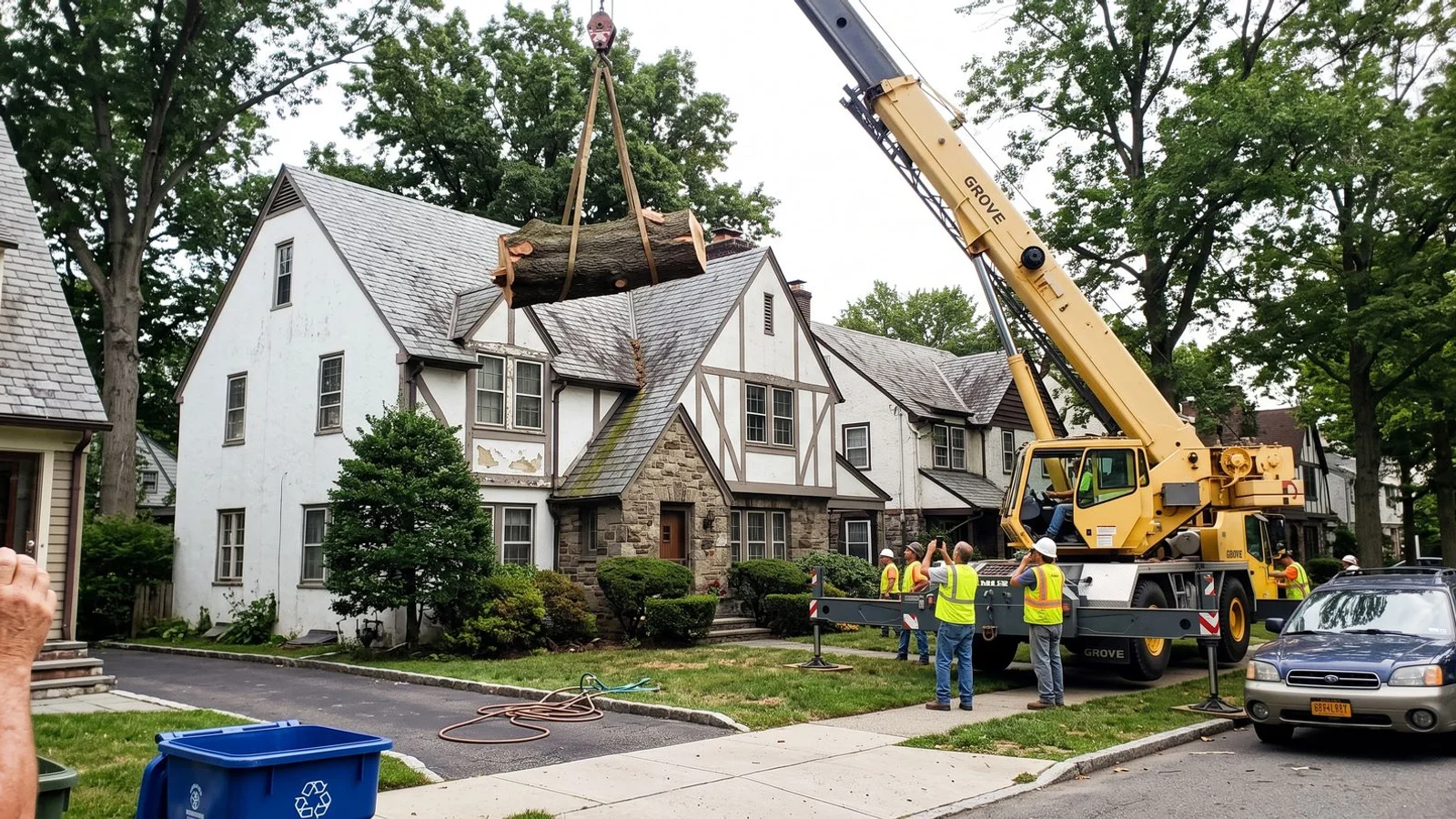 Crane lifting section over historic home on narrow lot