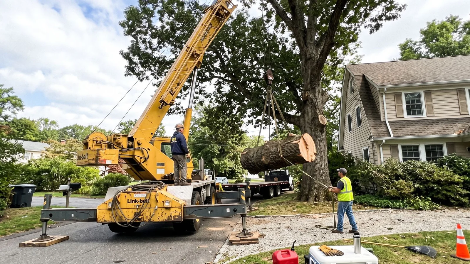 Crane positioned beside tall tree near Westchester house