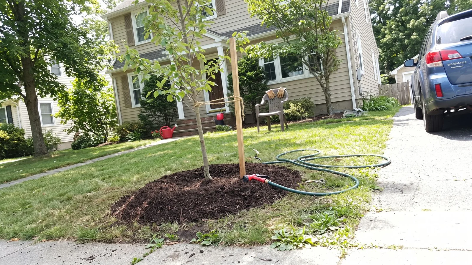 Newly planted young shade tree in Westchester yard