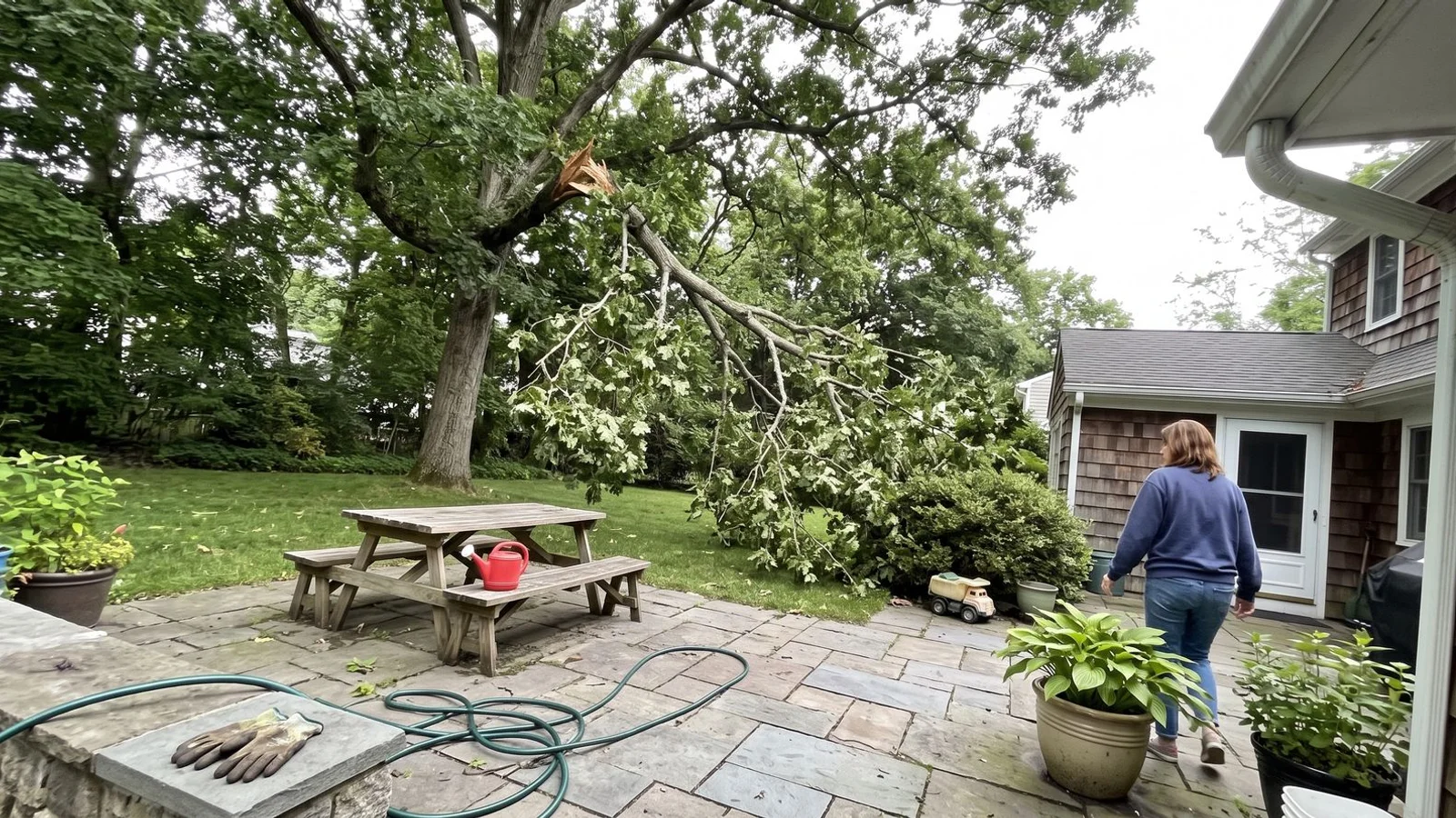 Broken branch hanging in Westchester tree canopy