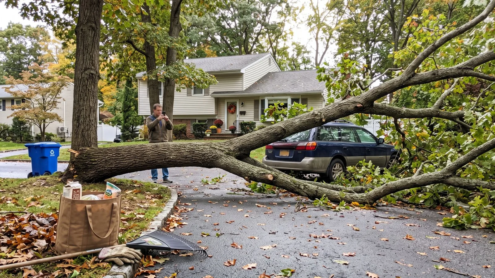 Fallen tree blocking a Westchester residential driveway