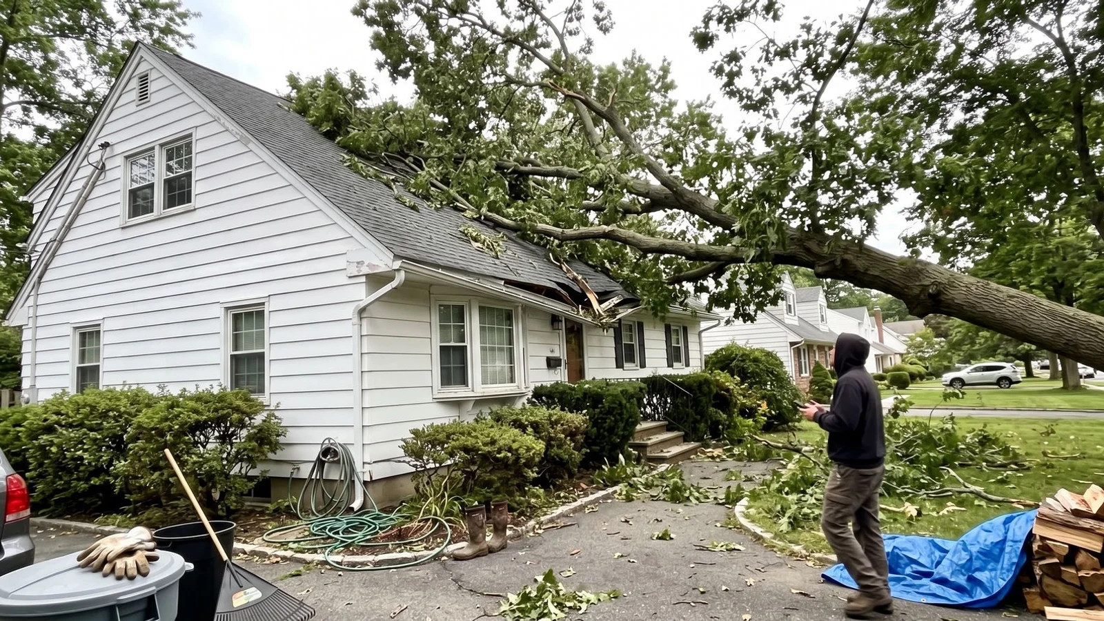 Large tree fallen across a home roof after a storm