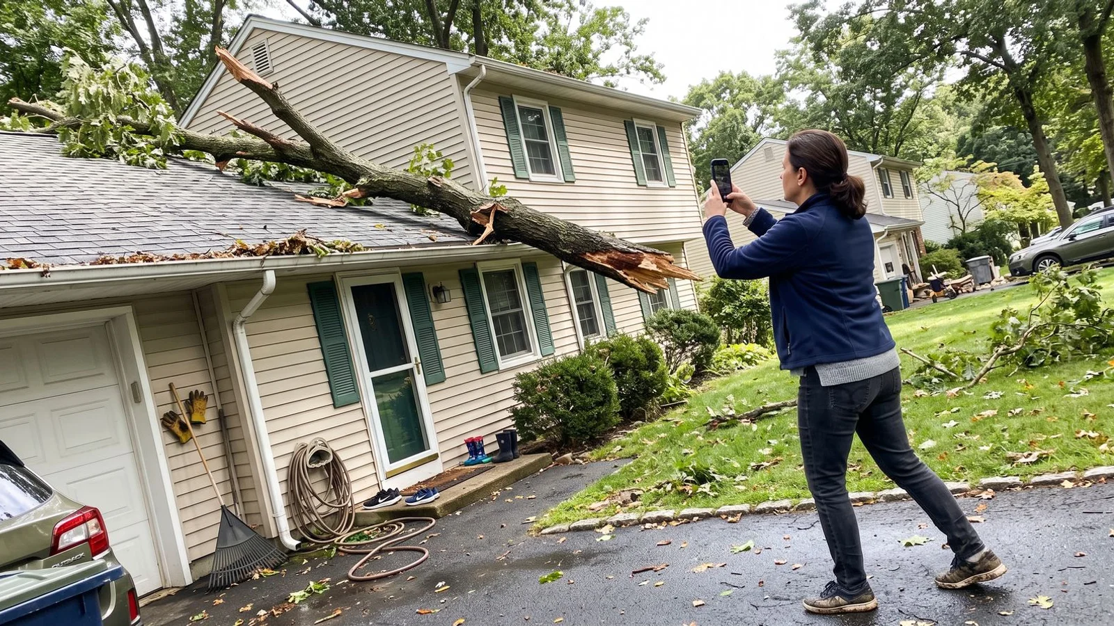 Tree limb resting against a Westchester home after a storm