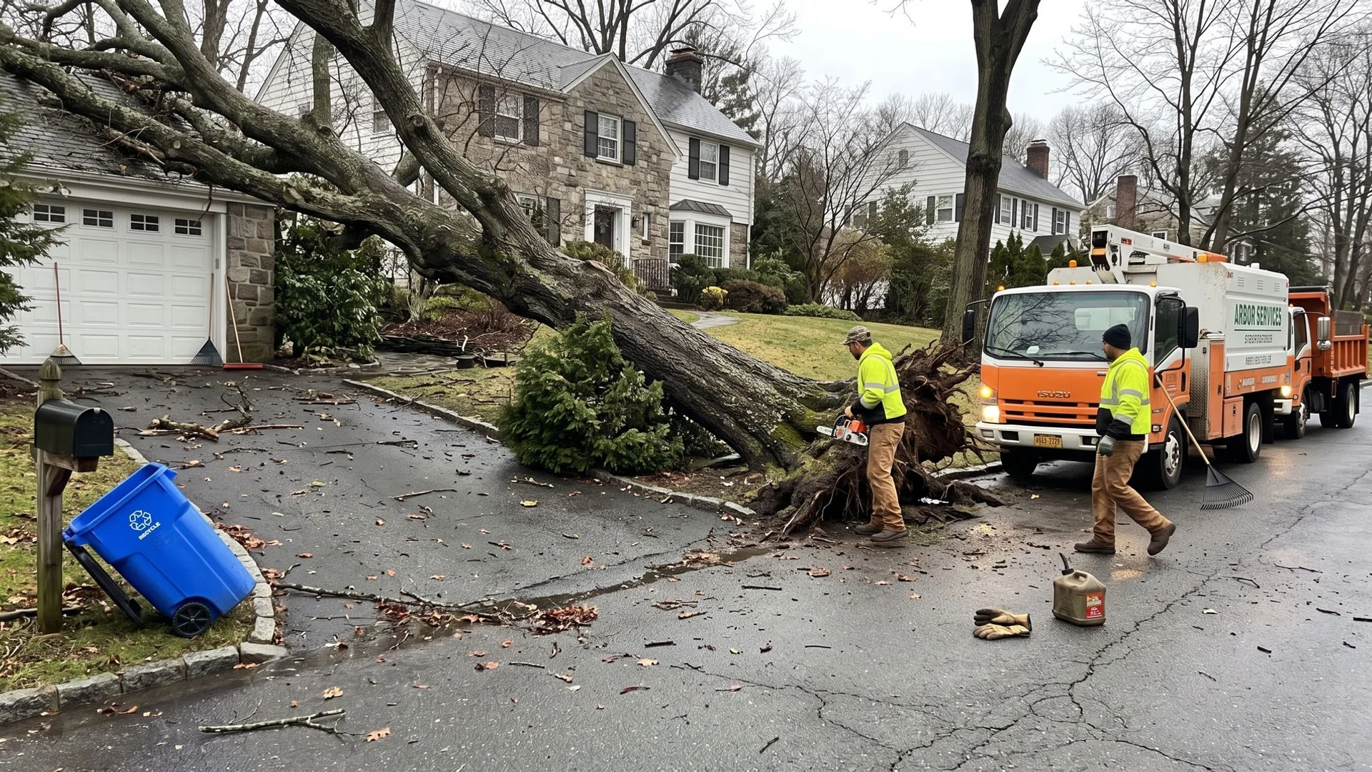 A large fallen oak across a Larchmont driveway after a March nor'easter
