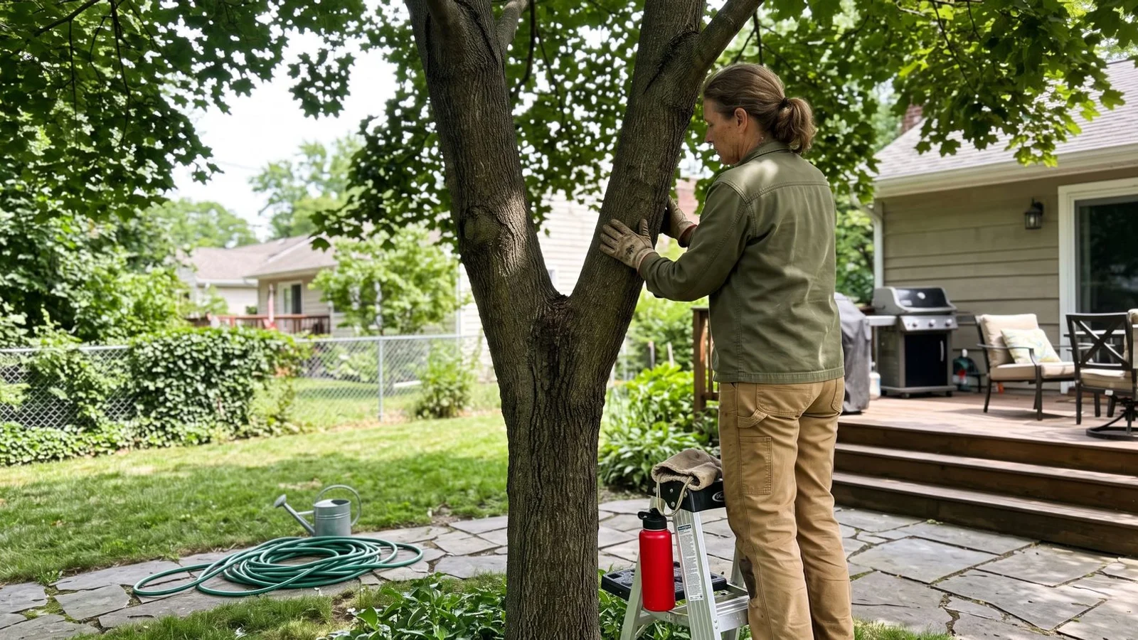 Arborist assessing V-shaped co-dominant union