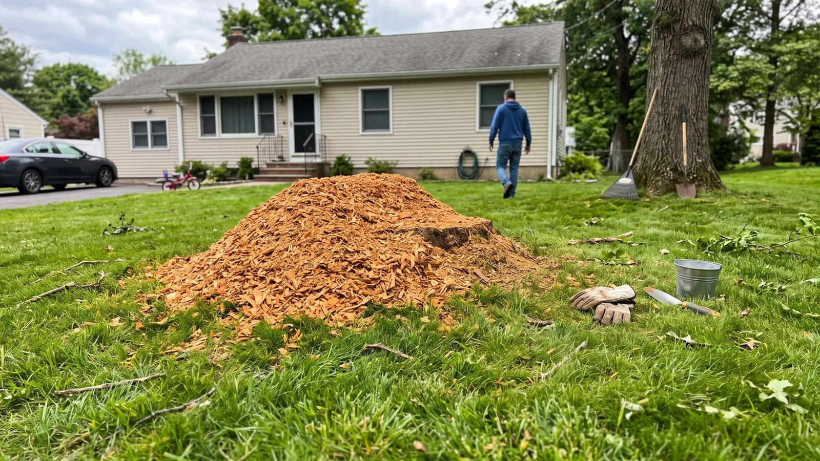 Mound of grindings where a stump was in a Westchester lawn