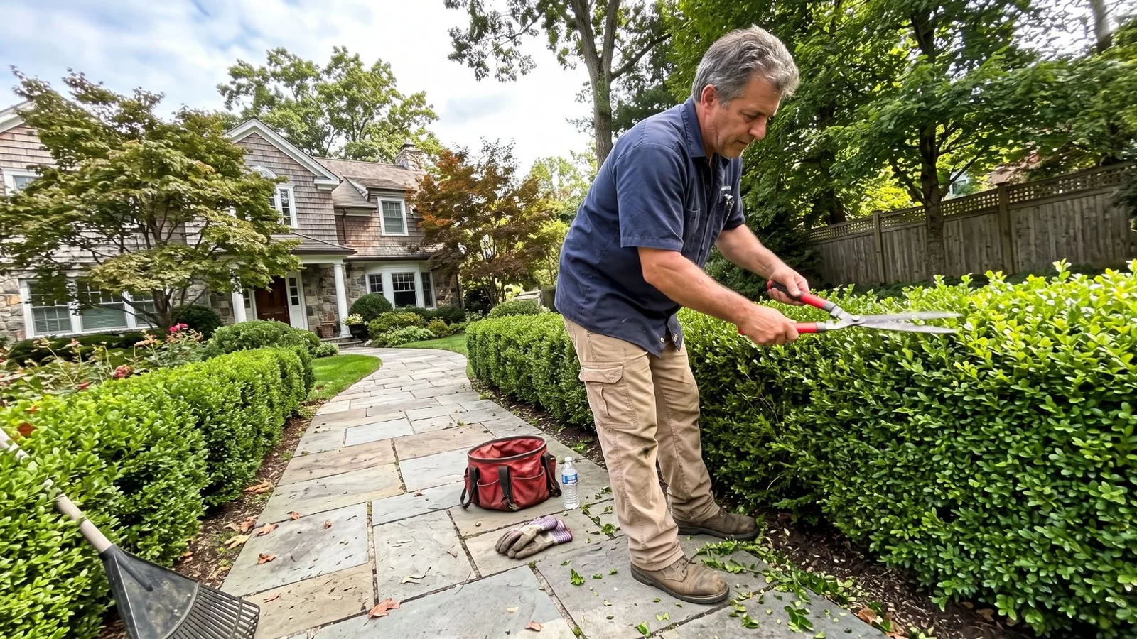 Neatly trimmed formal hedges being shaped