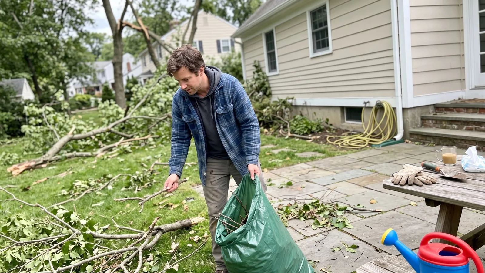 Westchester yard strewn with storm debris