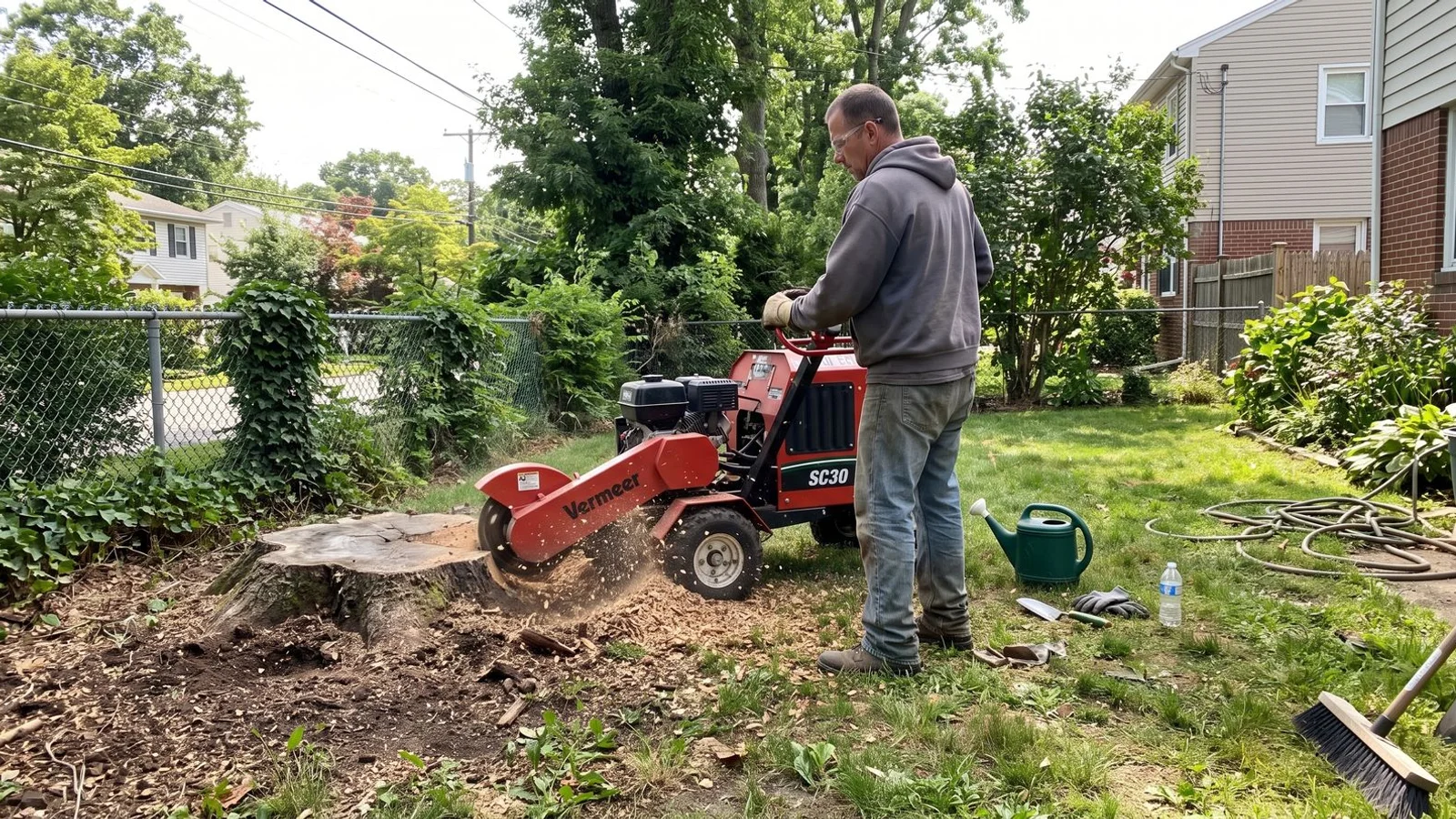 Stump grinder grinding a large tree stump below grade