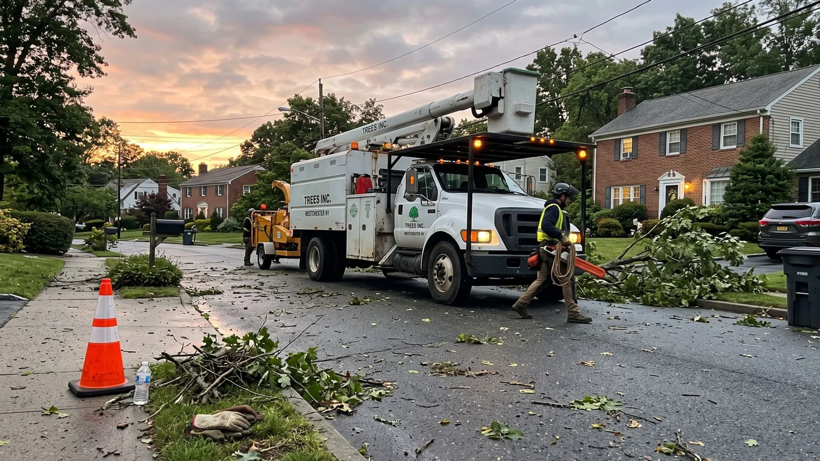 Tree service truck arriving at storm-damaged street at dawn