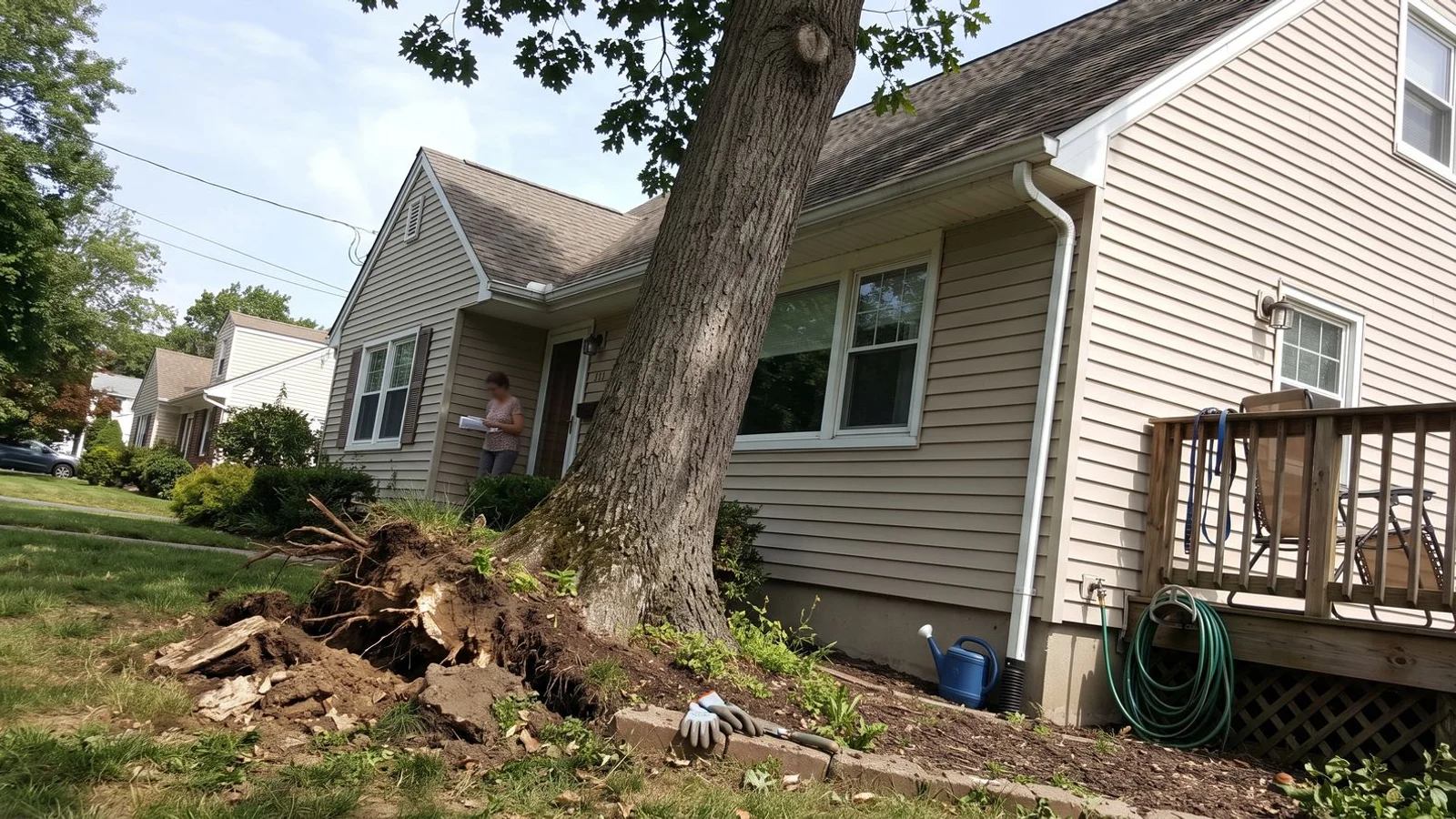Leaning tree with lifted roots near a house
